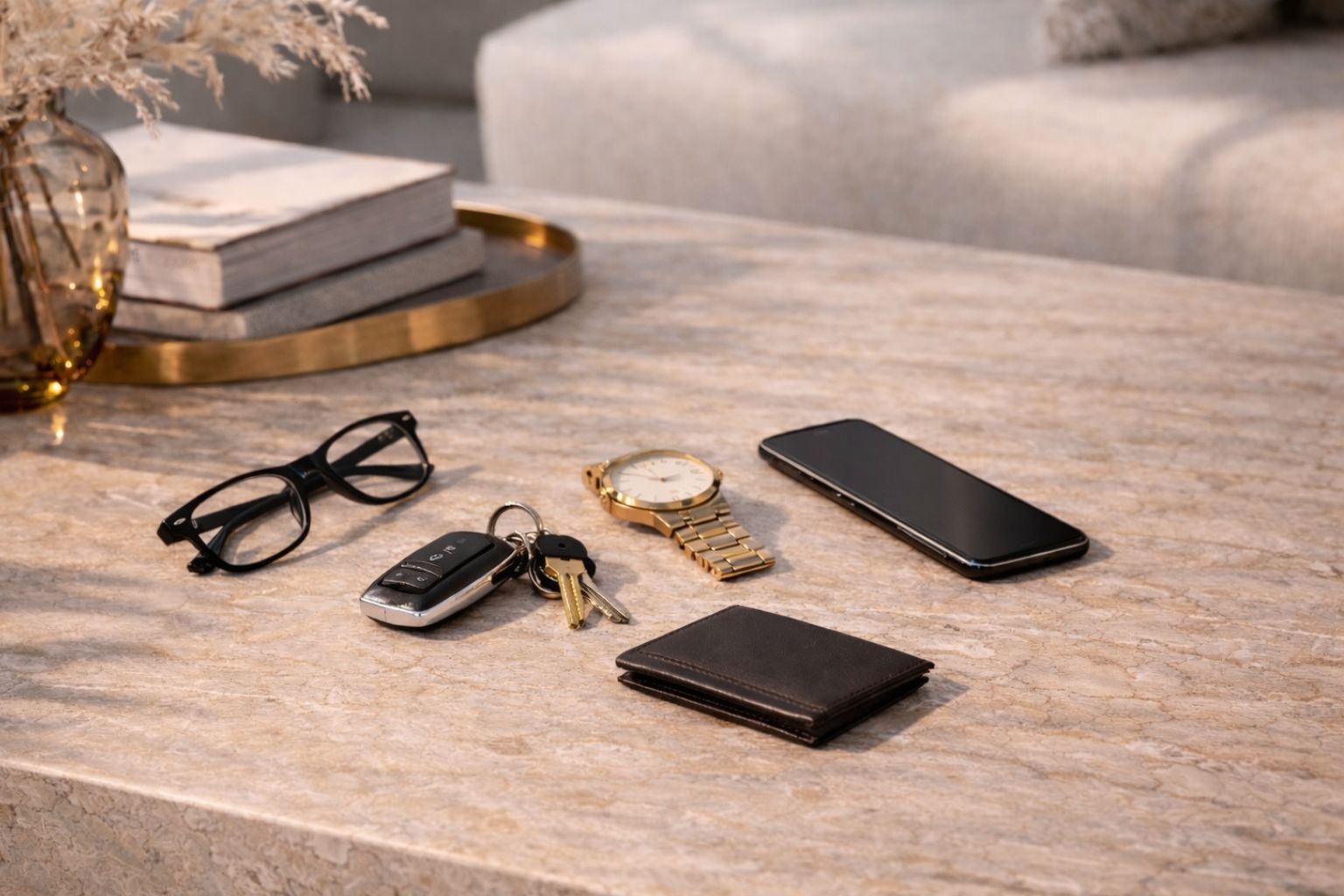 Ein Couchtisch, auf dem viele Utensilien des täglichen Bedarfs verstreut liegen.