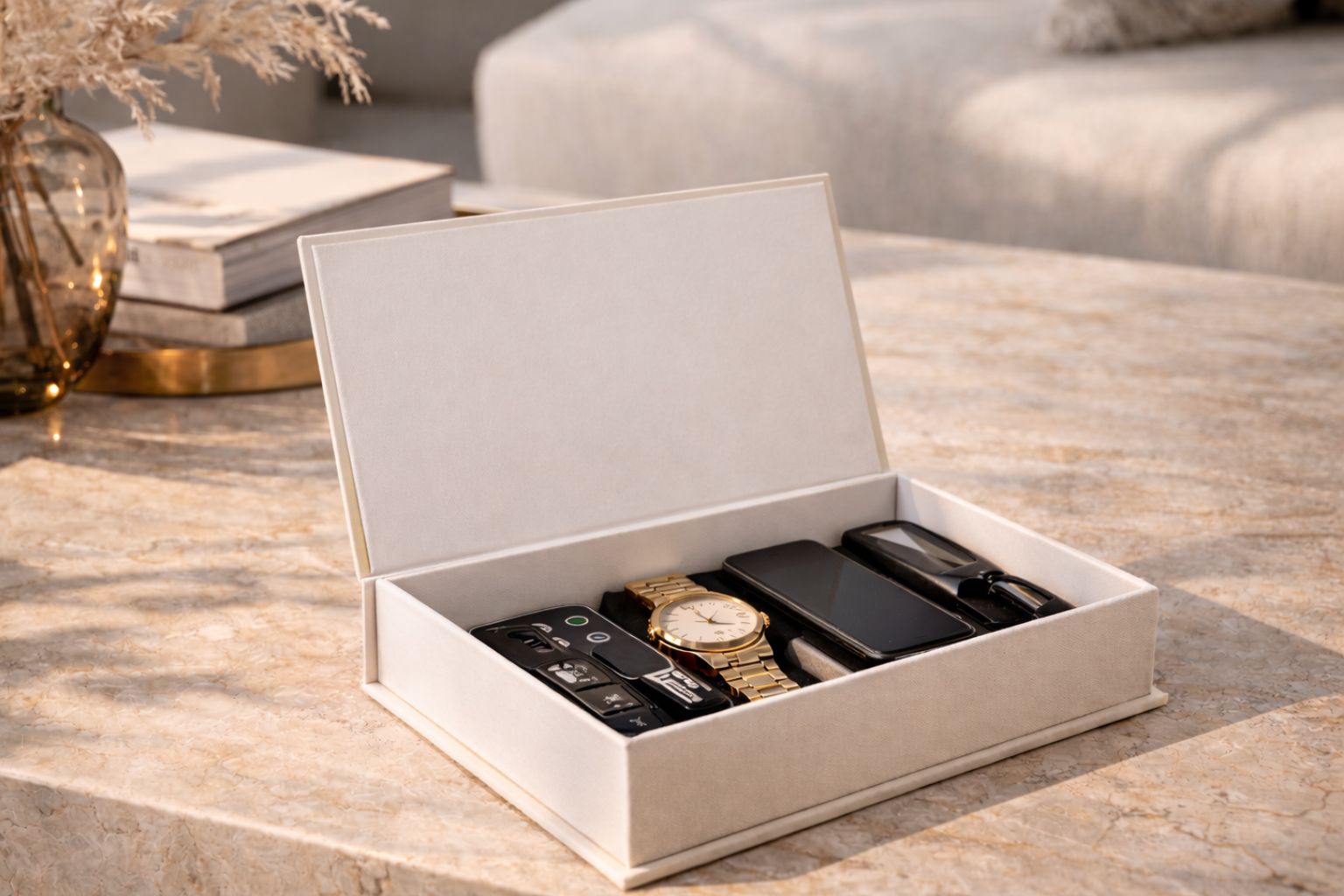 Ein Couchtisch, auf dem ein Dekobuch mit Stauraum steht. Darin befinden sich die Utensilien des täglichen Bedarfs sauber einsortiert.viele Utensilien des täglichen Bedarfs verstreut liegen.